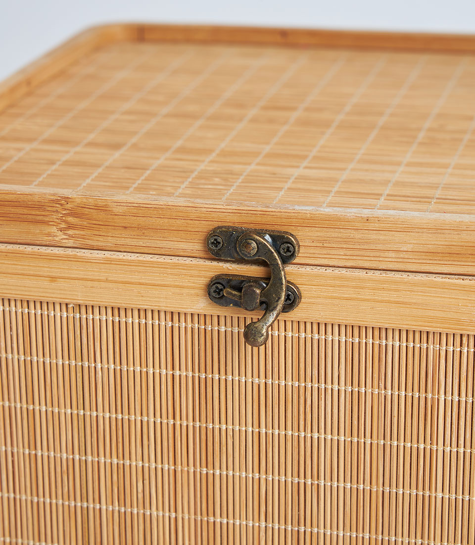 Natural bamboo square basket with brass latch closure and carrying handle