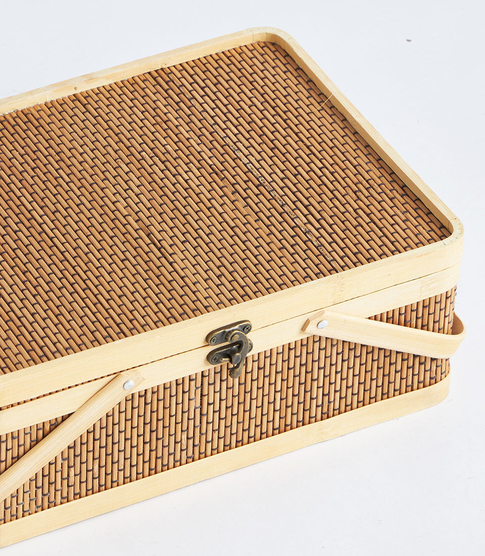Light bamboo handwoven rectangular gift basket with antique bronze latch and dual handles