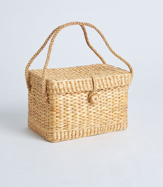 Natural woven straw basket with lid and braided handles for gifting