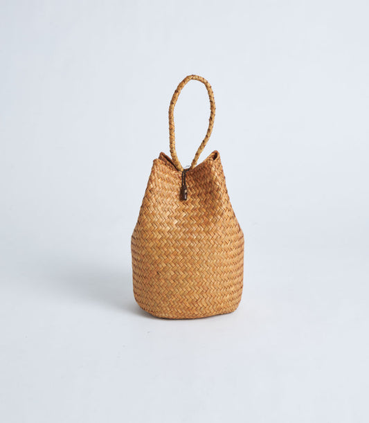 Natural woven straw gift basket with rope handle and wooden bead closure