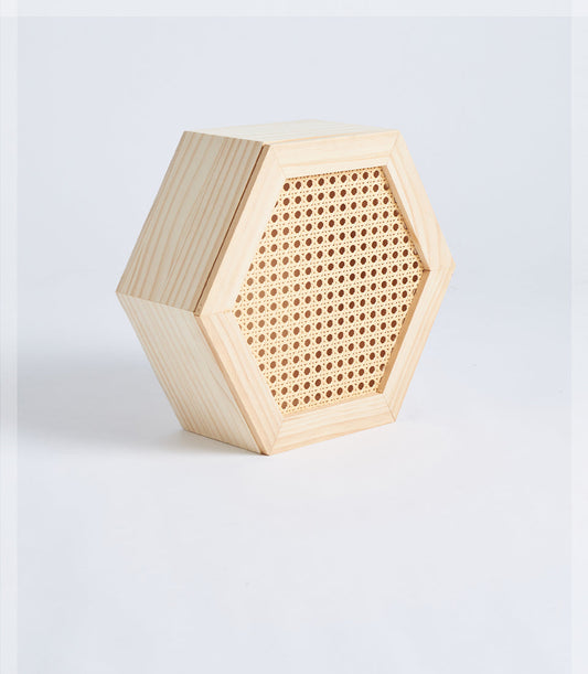 Basketeer's elegant hexagon wooden gift box with natural wicker cane webbing,