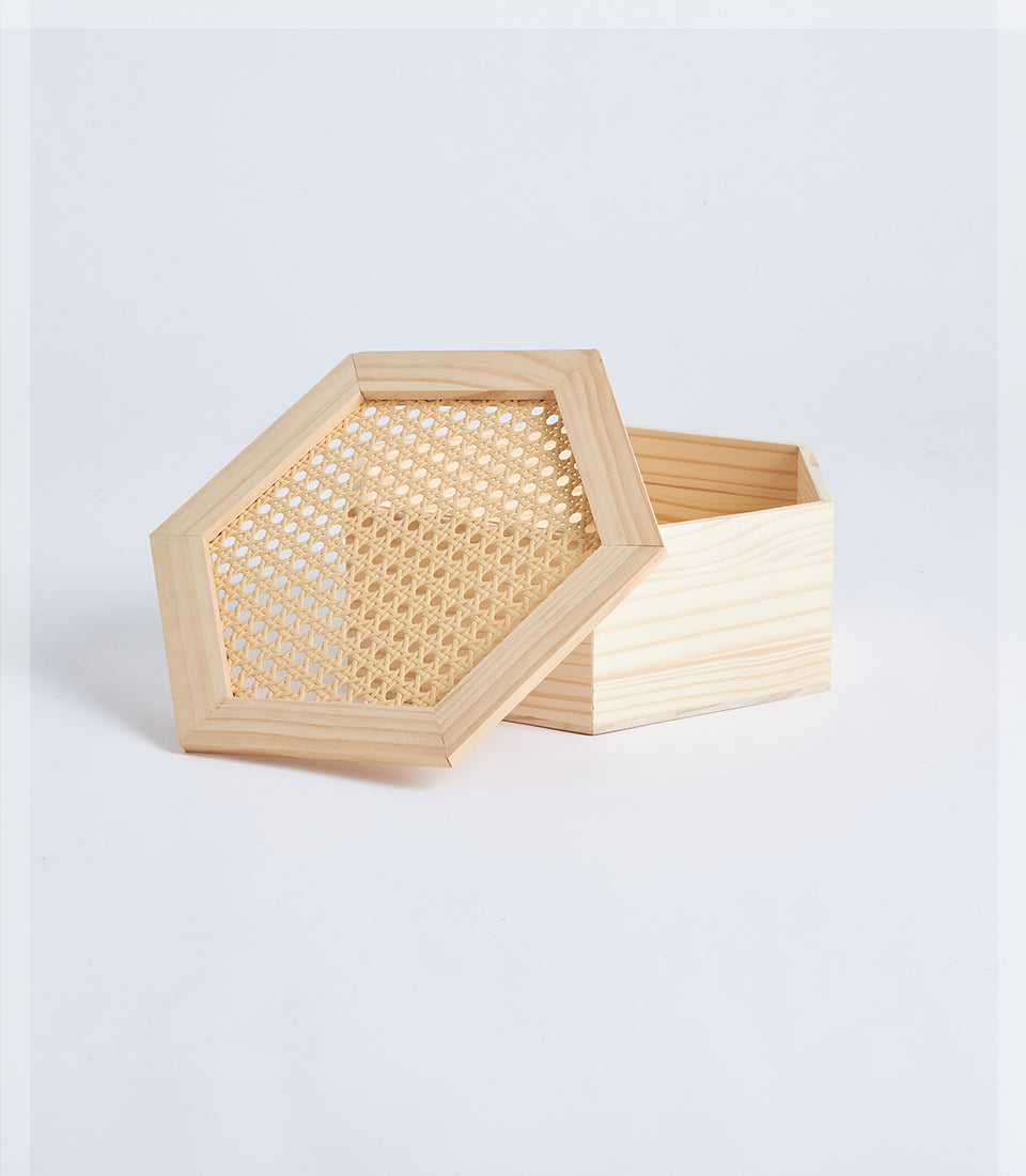 Hexagon Wood and Wicker Gift Box with Lid