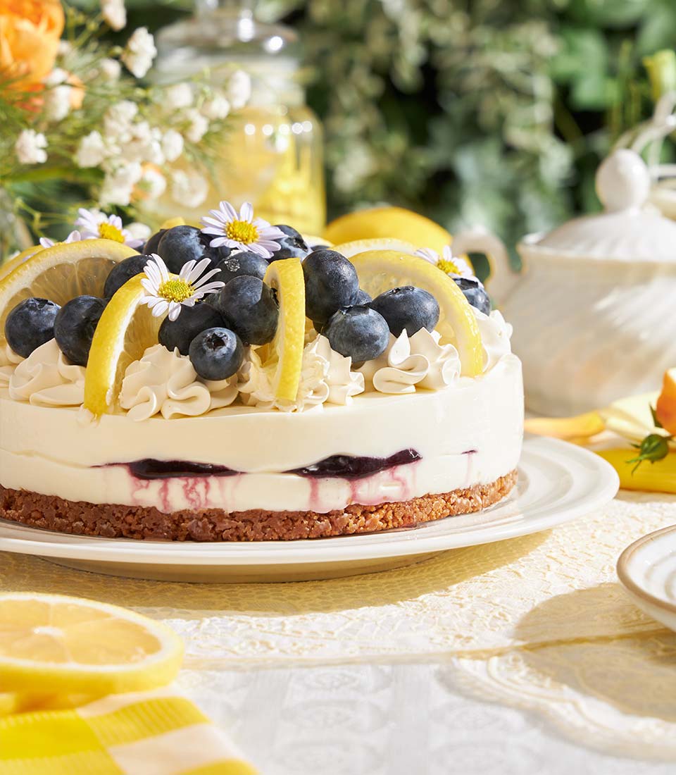 Lemon blueberry Biscoff cheesecake with whipped cream, fresh berries, and edible flowers on white plate
