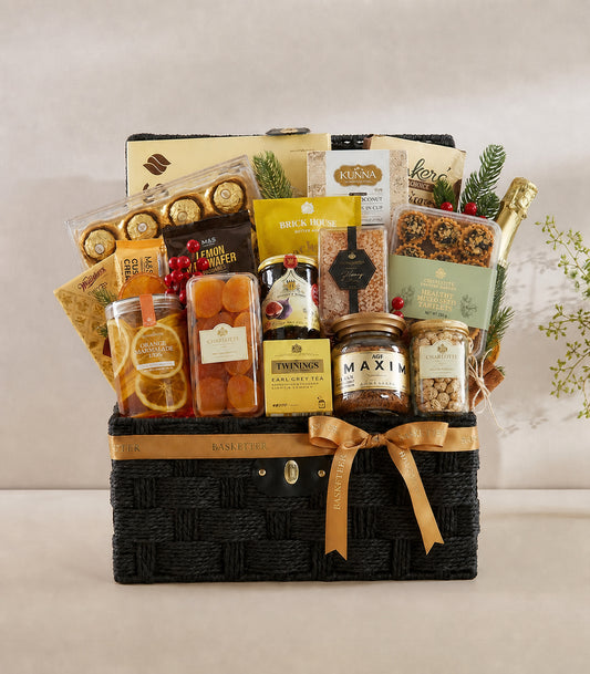 Basketeer luxury gift hamper in a black woven basket with a gold