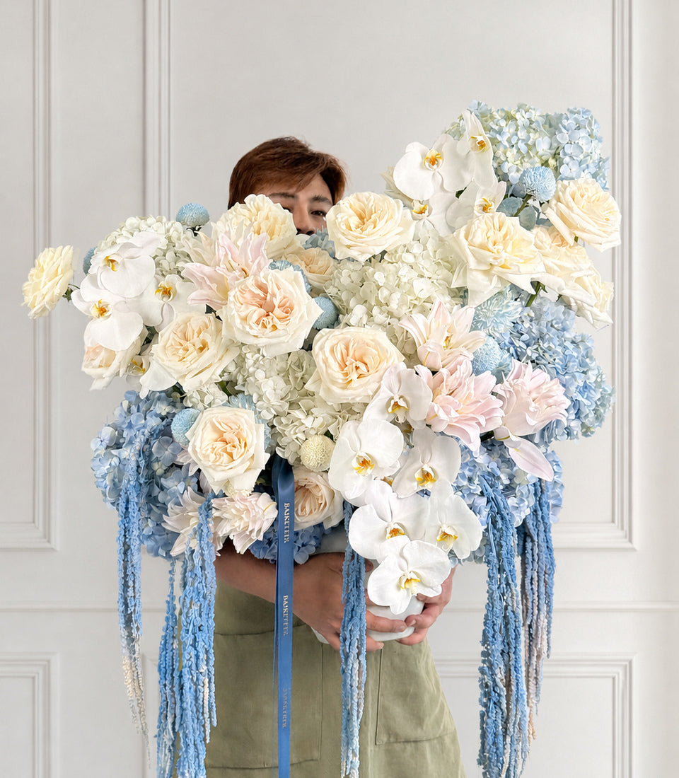 Grand White O'Hara Rose & Blue Hydrangea Vase