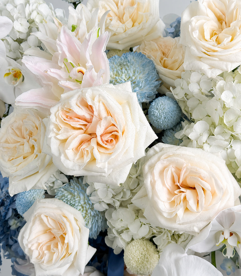 Grand White O'Hara Rose & Blue Hydrangea Vase