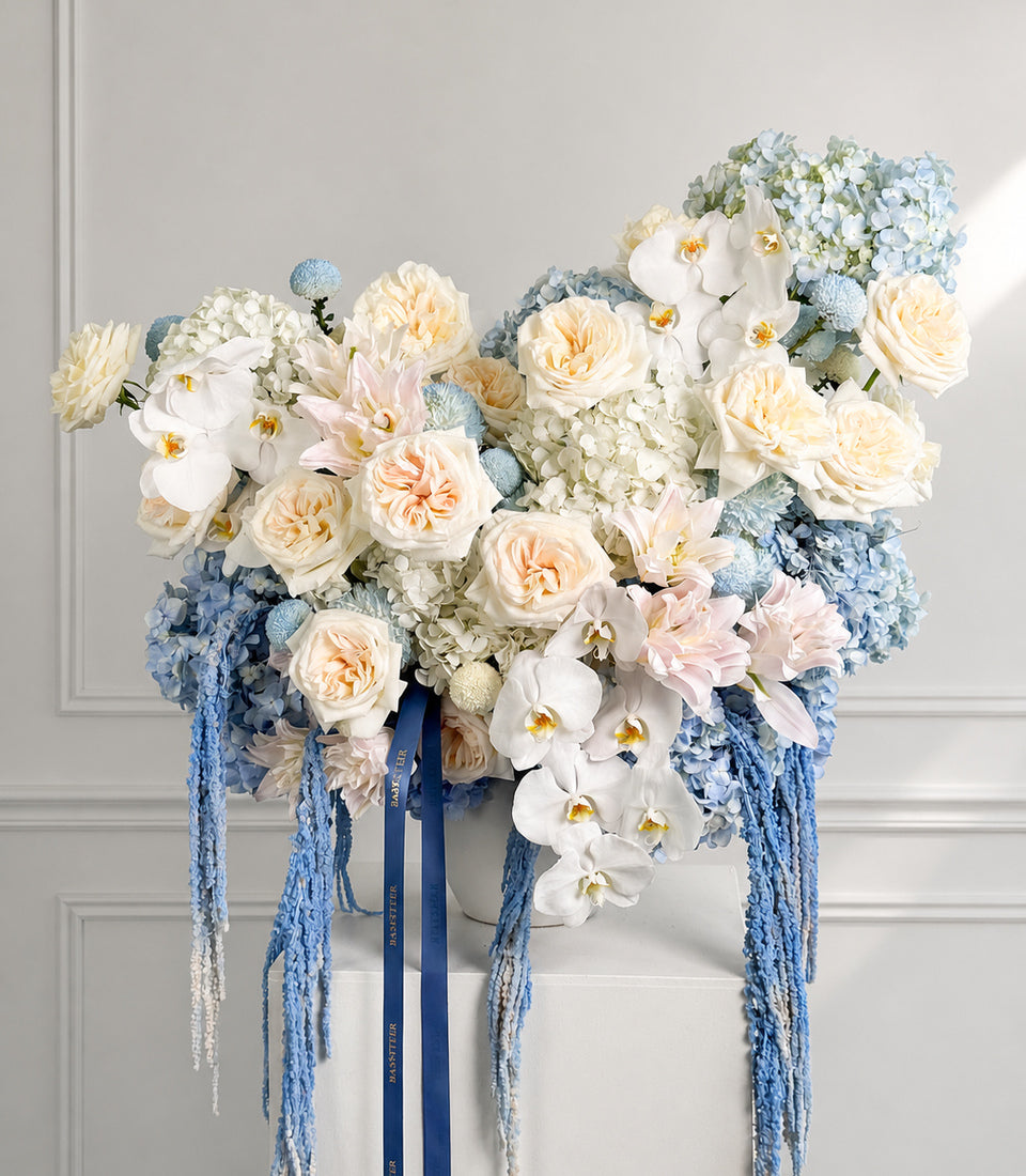 Grand White O'Hara Rose & Blue Hydrangea Vase