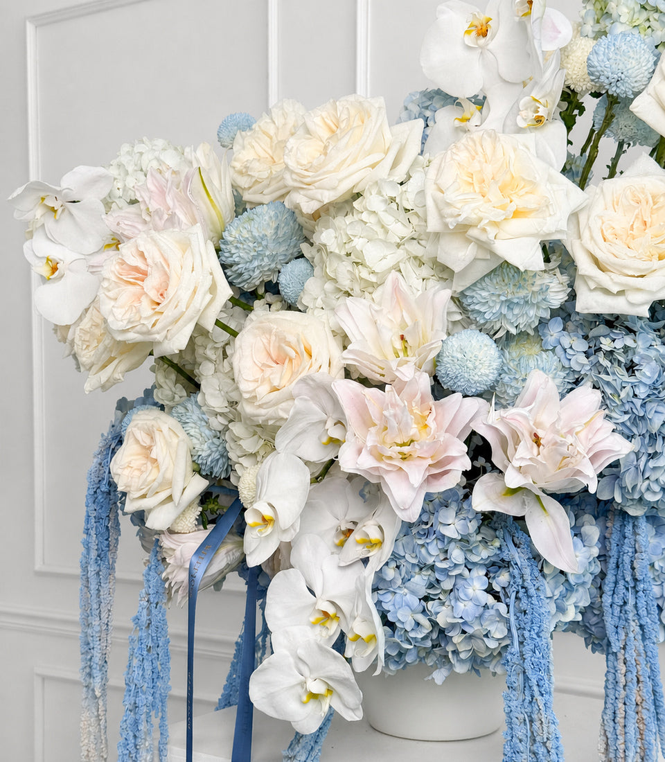 Grand White O'Hara Rose & Blue Hydrangea Vase