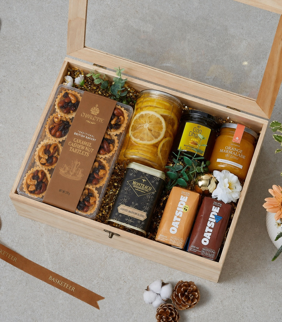 Basketeer's luxury corporate gift hamper in a light wooden box with a