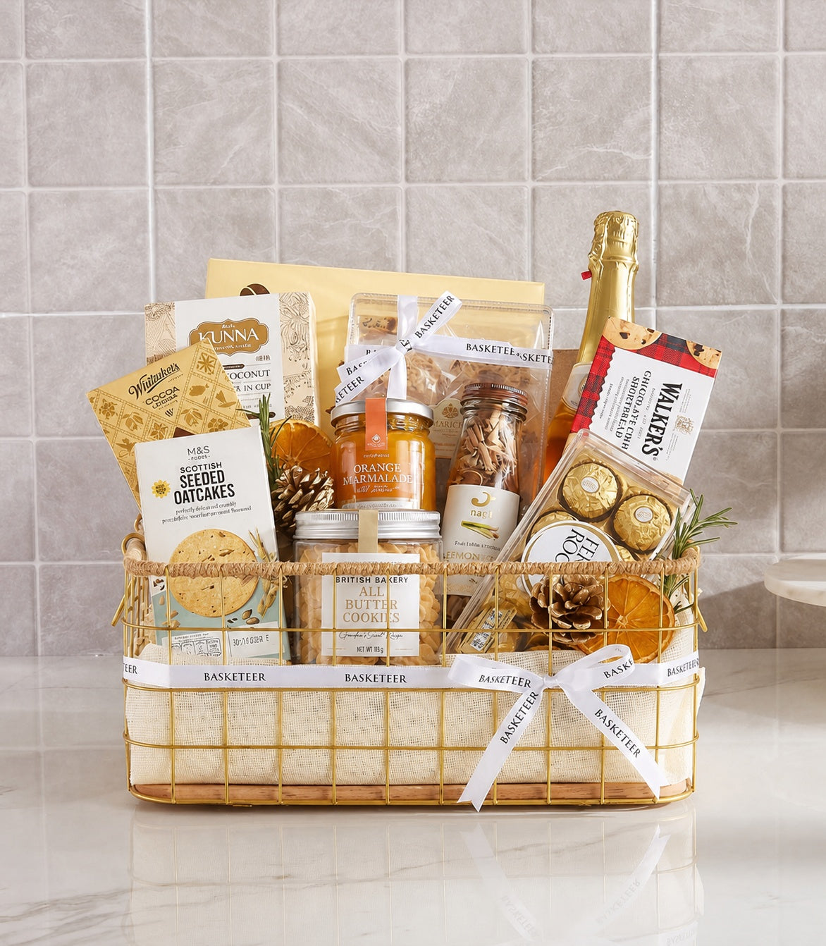 Basketeer luxury gift basket Bangkok with sparkling wine, gourmet preserves, M&