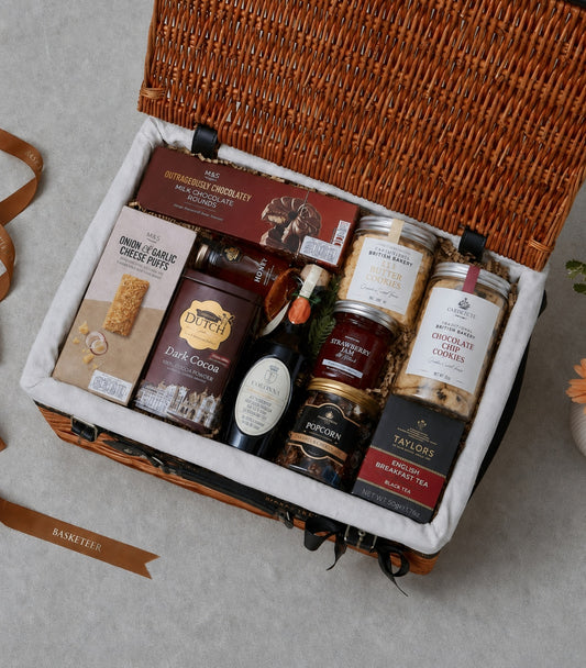 Basketeer luxury gift hamper in a woven wicker basket with M&S chocolate