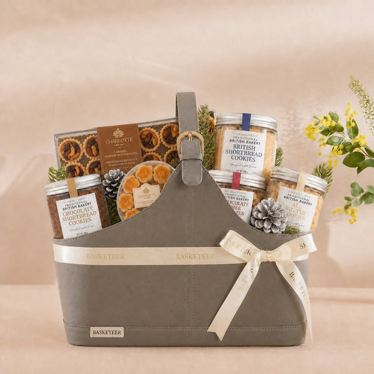 Basketeer premium gift hamper in a chic grey fabric basket, featuring British short