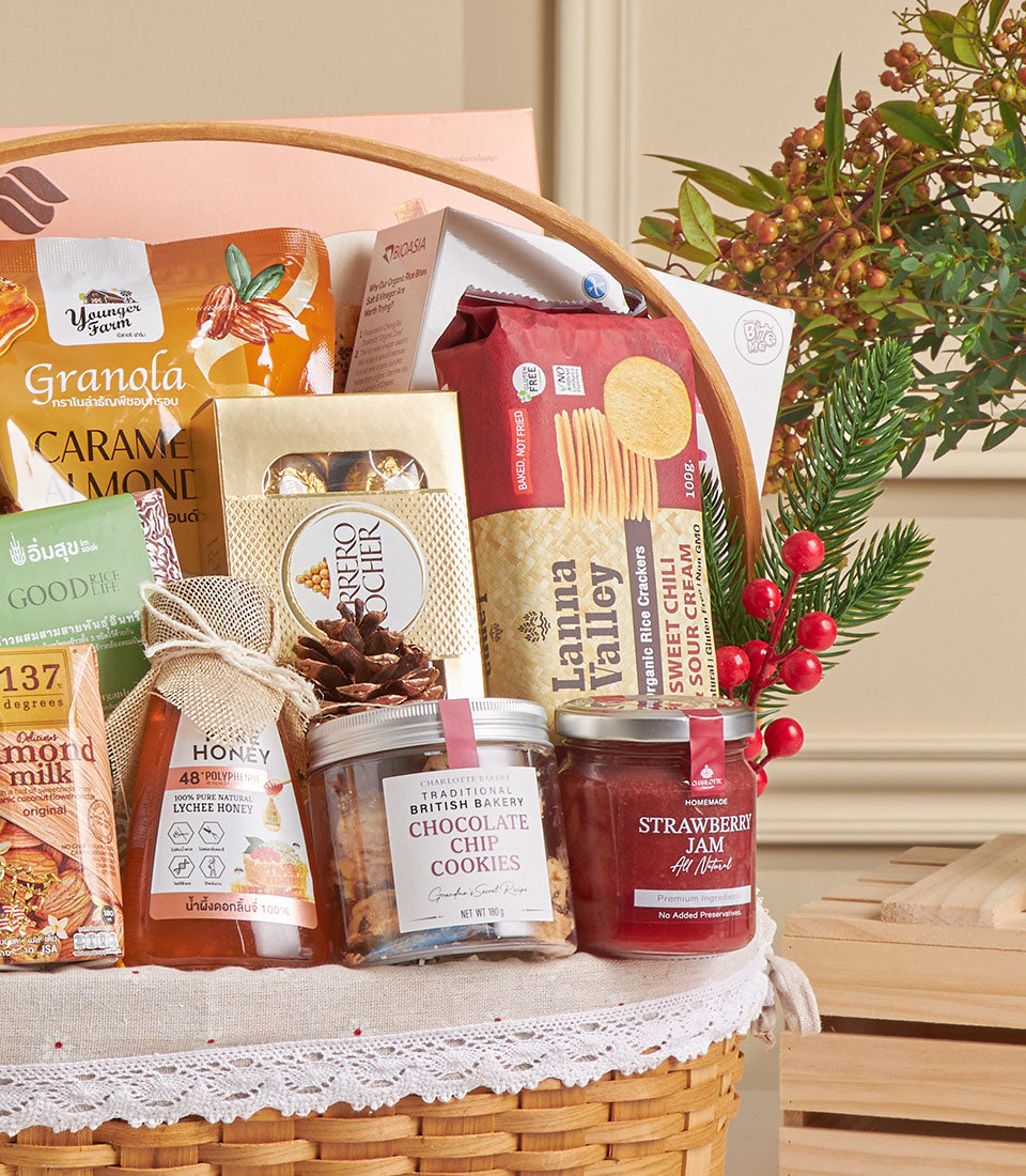 Premium gourmet hamper with almond crackers, chocolate treats, lychee honey and artisan baked goods for New Year gifting
