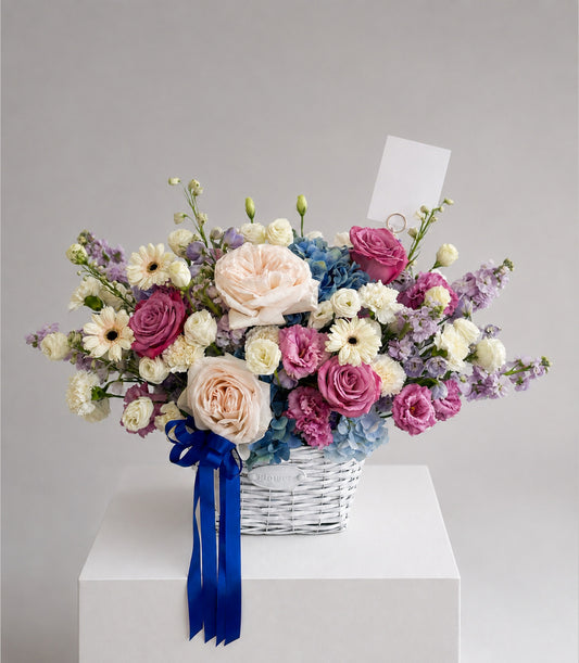 Pastel Rose & Hydrangea Flower Basket