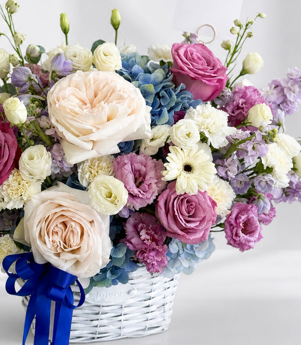 Pastel Rose & Hydrangea Flower Basket