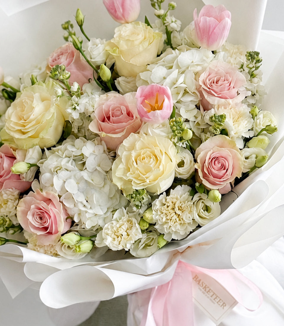 Pink & White Mondial Rose, Tulip & Hydrangea Bouquet