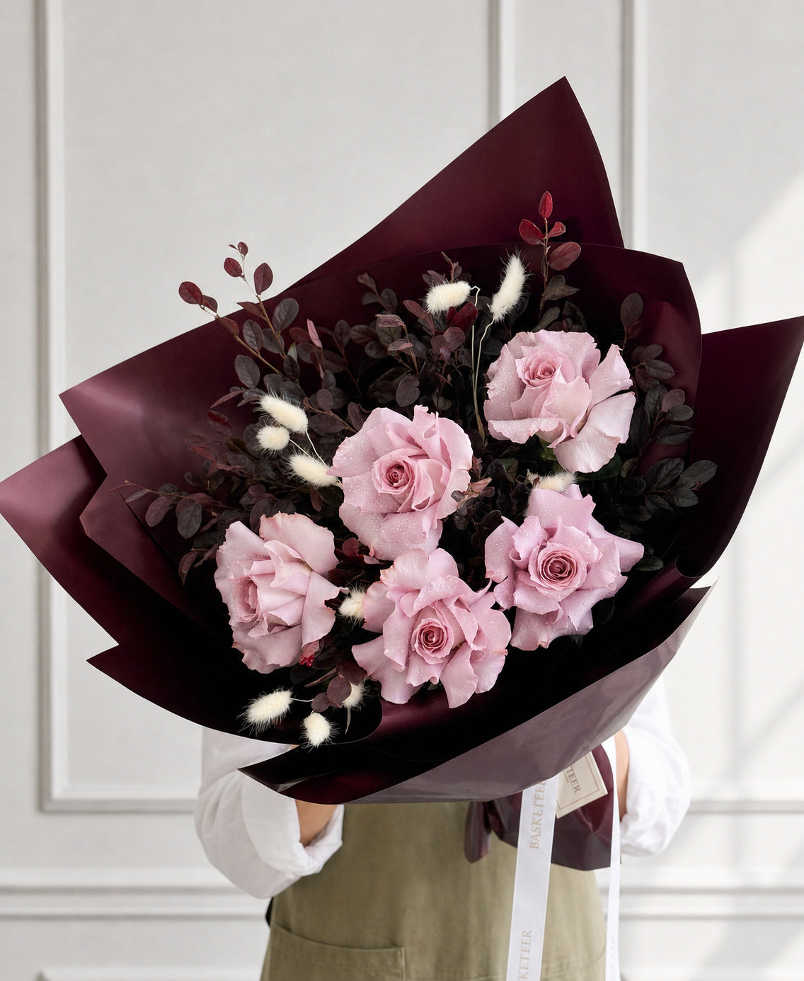 Lavender Fair Lady Rose & Burgundy Eucalyptus Bouquet