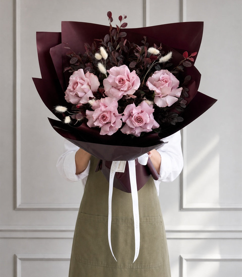 Lavender Fair Lady Rose & Burgundy Eucalyptus Bouquet