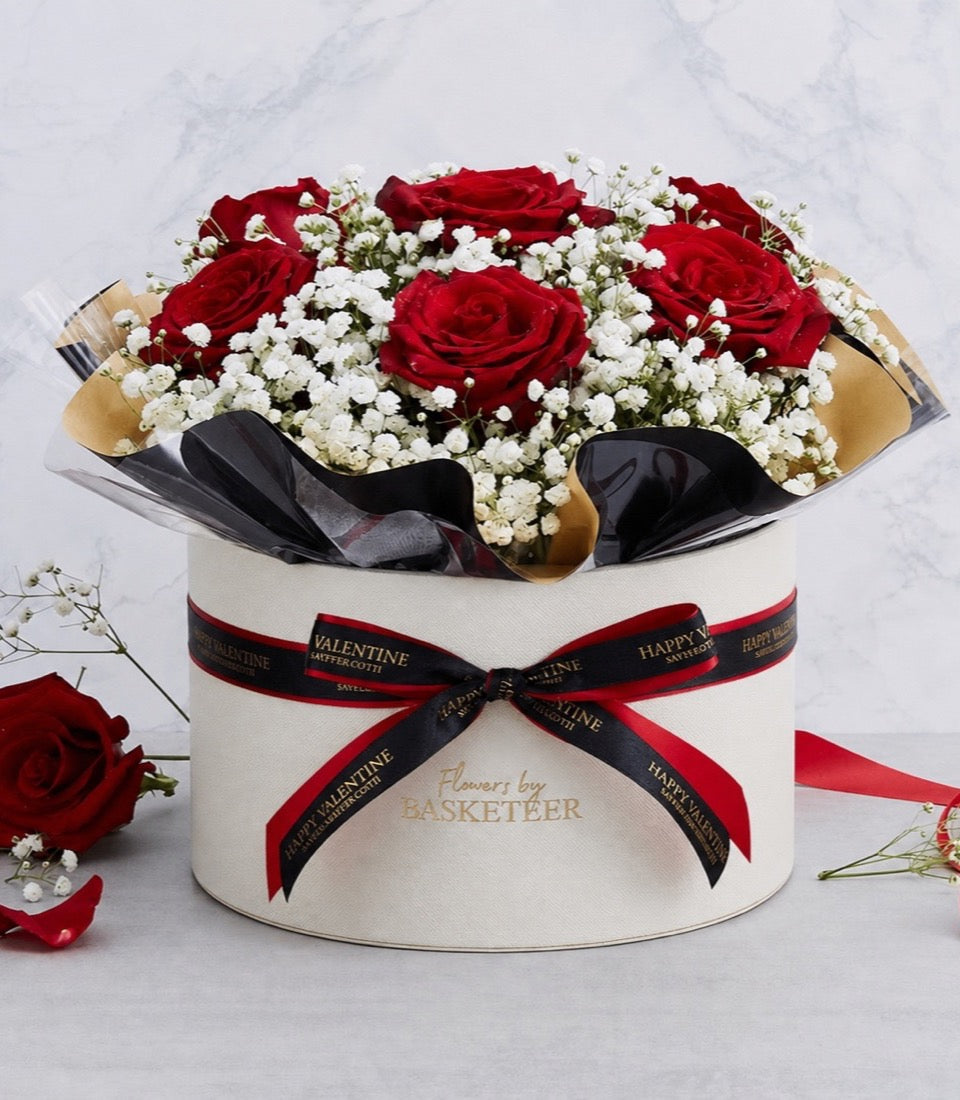Premium red rose flower box arrangement from Flowers by Basketeer, featuring lush baby