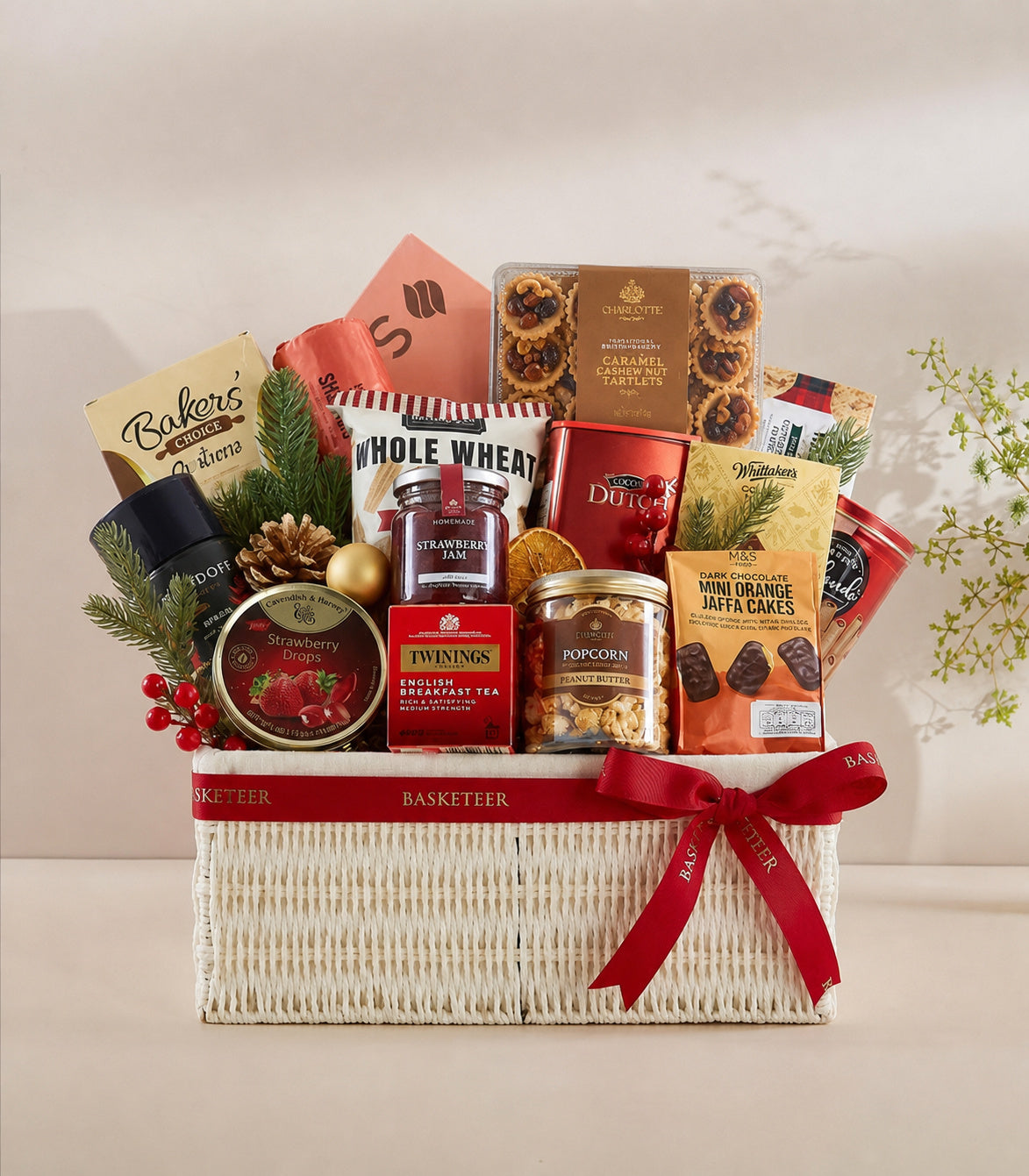 Basketeer luxury gift hamper with Twinings tea, strawberry jam, gourmet popcorn