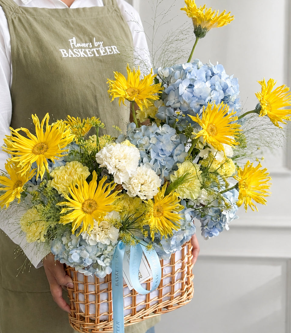 Sunshine Gerbera & Blue Hydrangea Basket