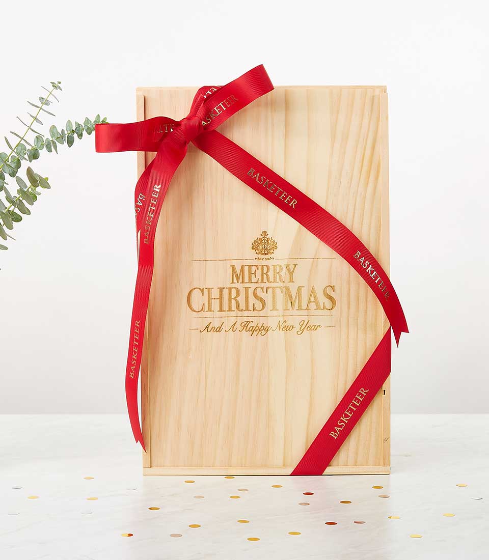 Premium wooden wine gift box with red satin ribbon, Double Heritage Syrah 2020, holiday gold engraving