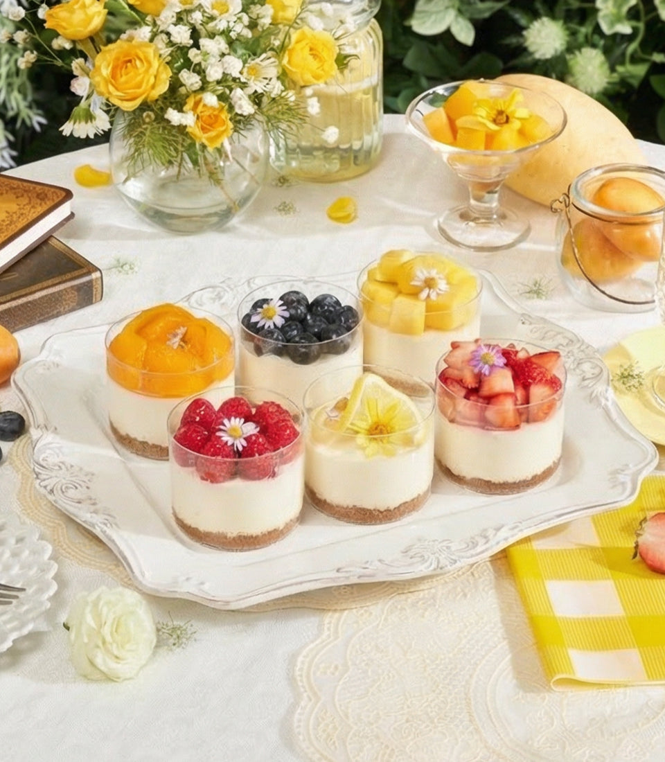 Mini cheesecake cups with Biscoff base and fresh fruit toppings on ornate serving tray