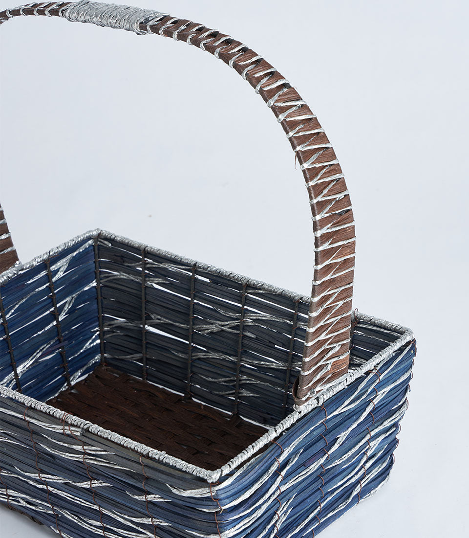 Blue-grey woven rectangular basket with arched handle for luxury gift hampers
