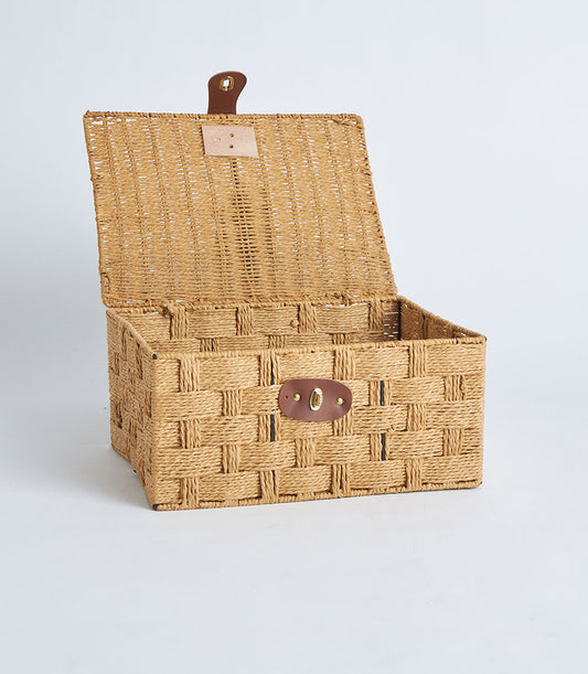 Natural woven storage basket with hinged lid and leather lock closure
