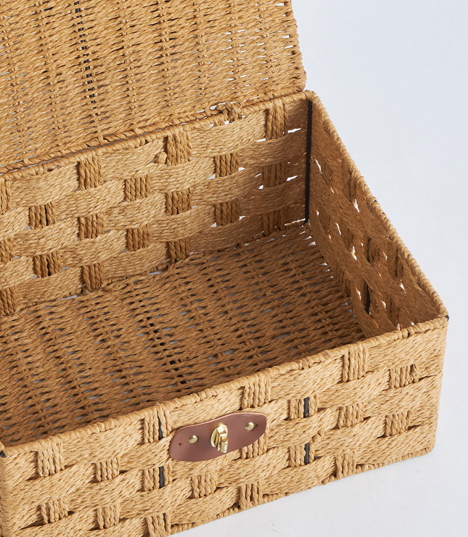 Natural woven storage basket with leather lock closure and removable lid
