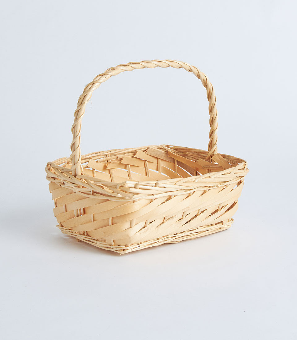Light natural bamboo rectangular basket with arched handle, handwoven artisan gift hamper base