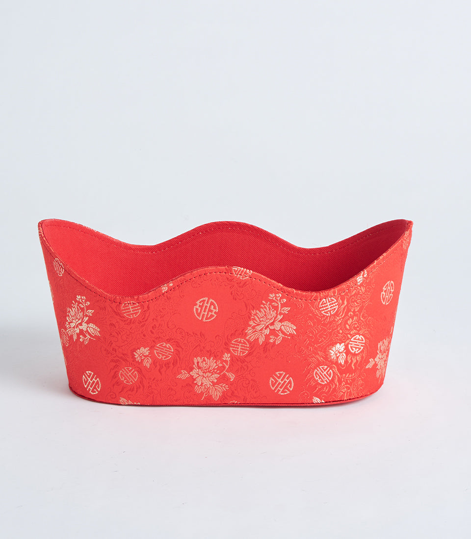 Red fabric Chinese gold ingot gift basket with peony brocade and fu character design