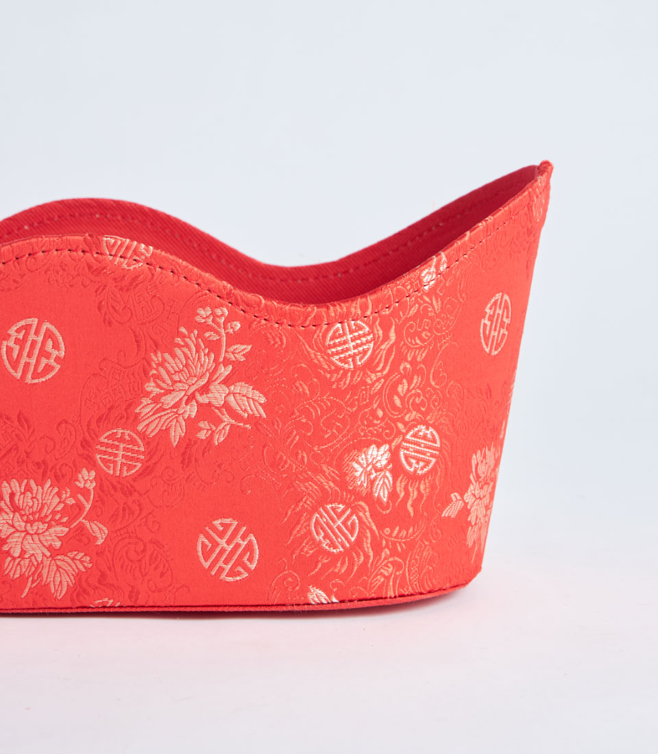 Red fabric festive basket with gold brocade pattern, Chinese sycee shape for gifting
