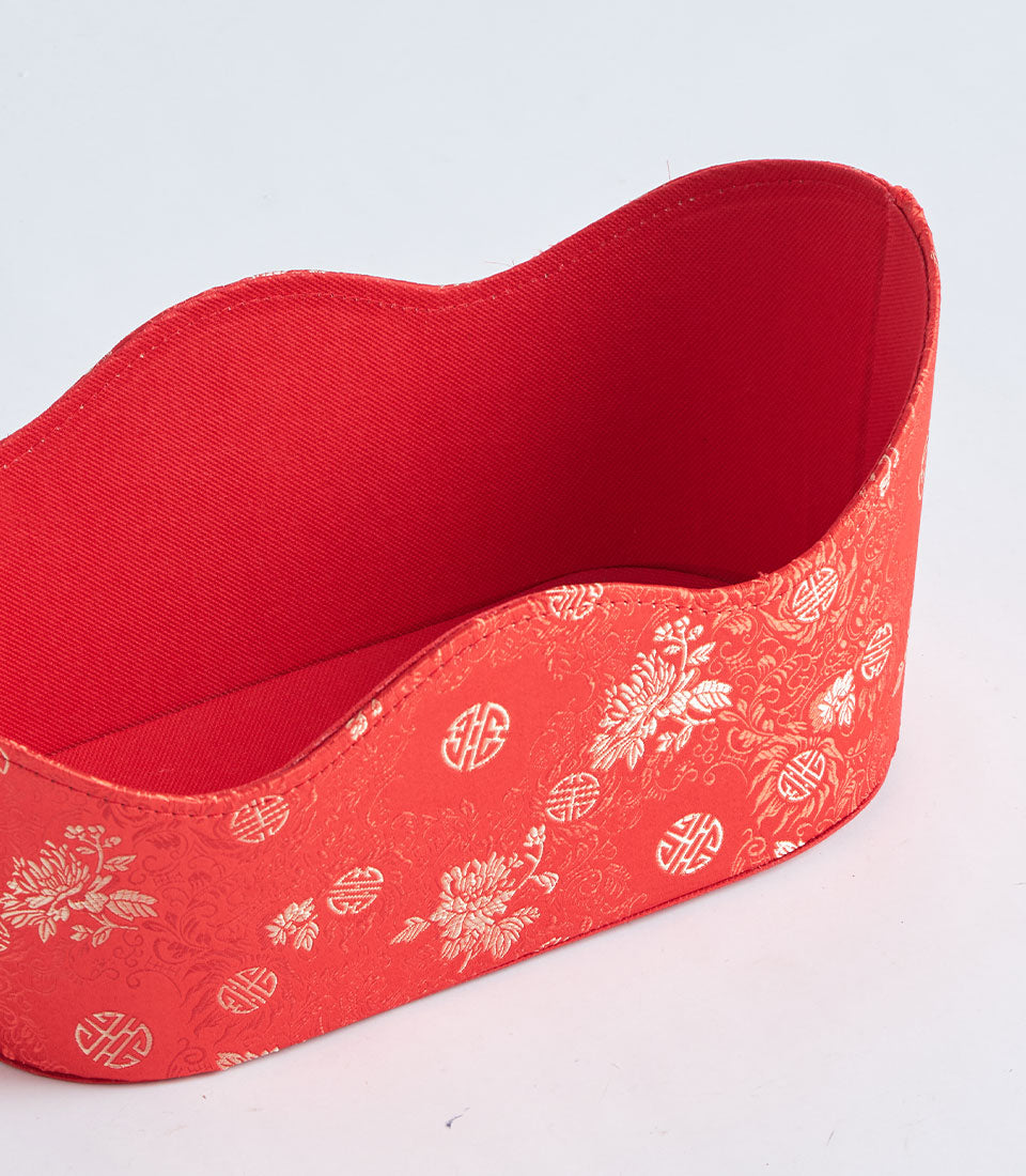 Red brocade fabric gift basket with gold peony pattern and double happiness motifs
