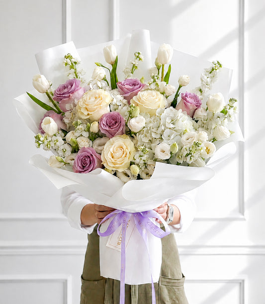 Pastel Lilac Rose & White Tulip Bouquet