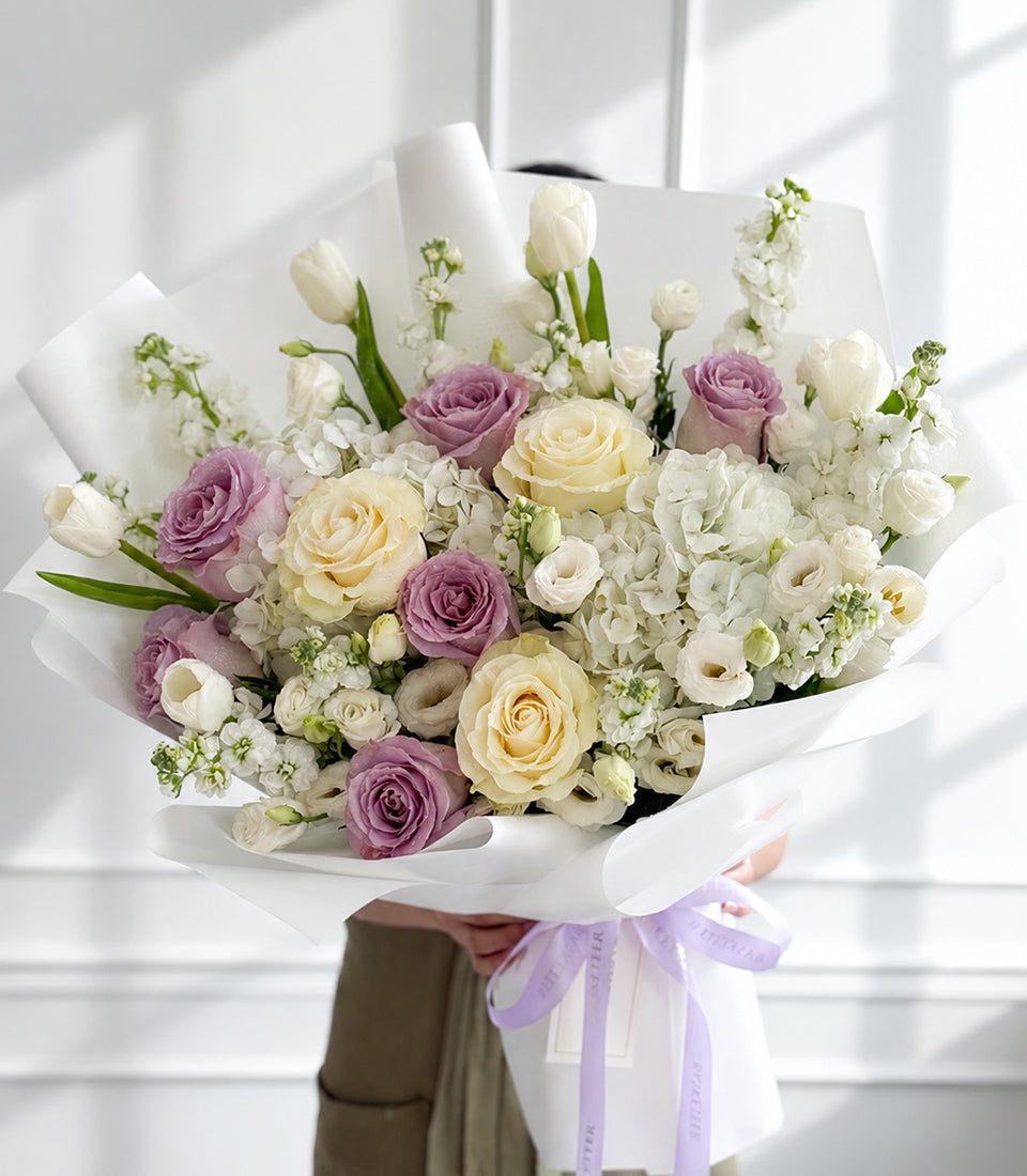 Pastel Lilac Rose & White Tulip Bouquet