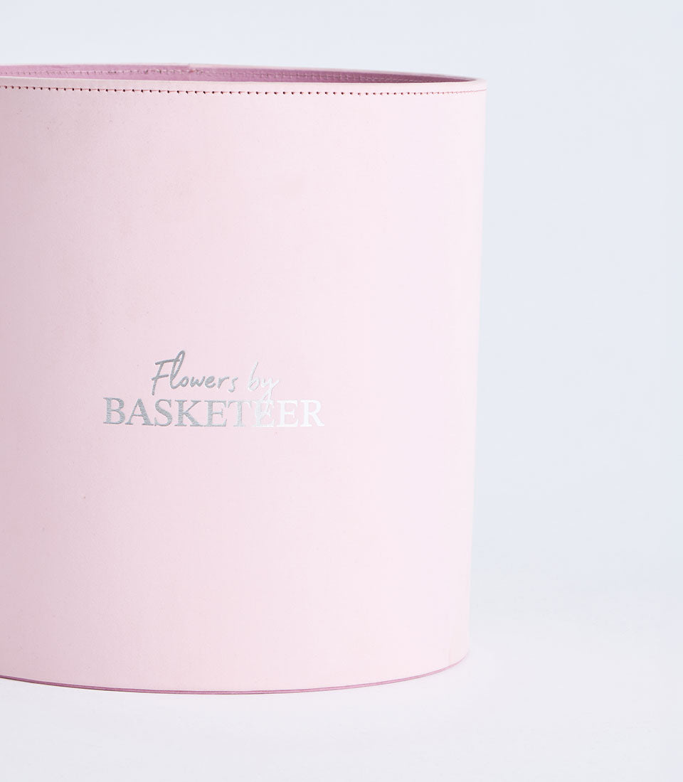 Basketeer luxury blush pink round flower gift box with silver "Flowers