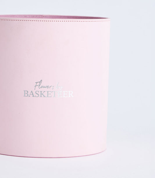 Basketeer luxury blush pink round flower gift box with silver "Flowers