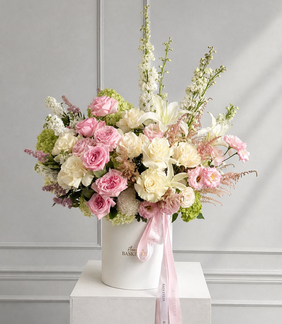 Elegant Pink O'Hara & White Rose Flower Box