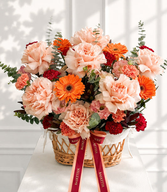 Lush basket arrangement with peach peonies, vibrant orange gerbera daisies, and deep