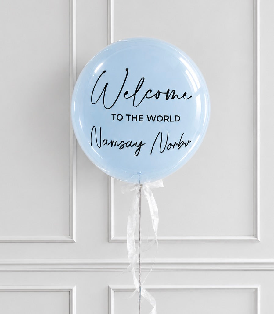 Basketeer's luxurious light blue welcome balloon with "Welcome TO