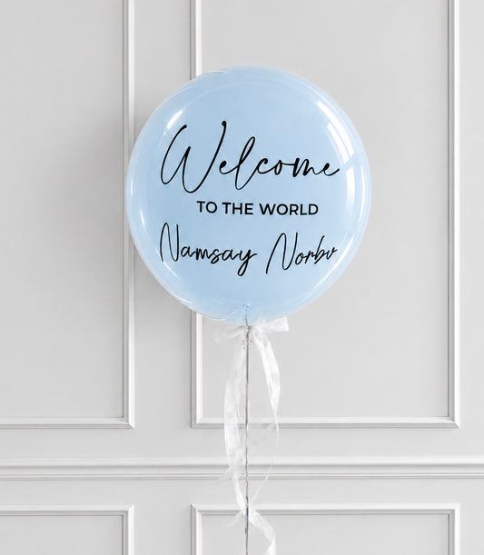 Basketeer's luxurious light blue welcome balloon with "Welcome TO