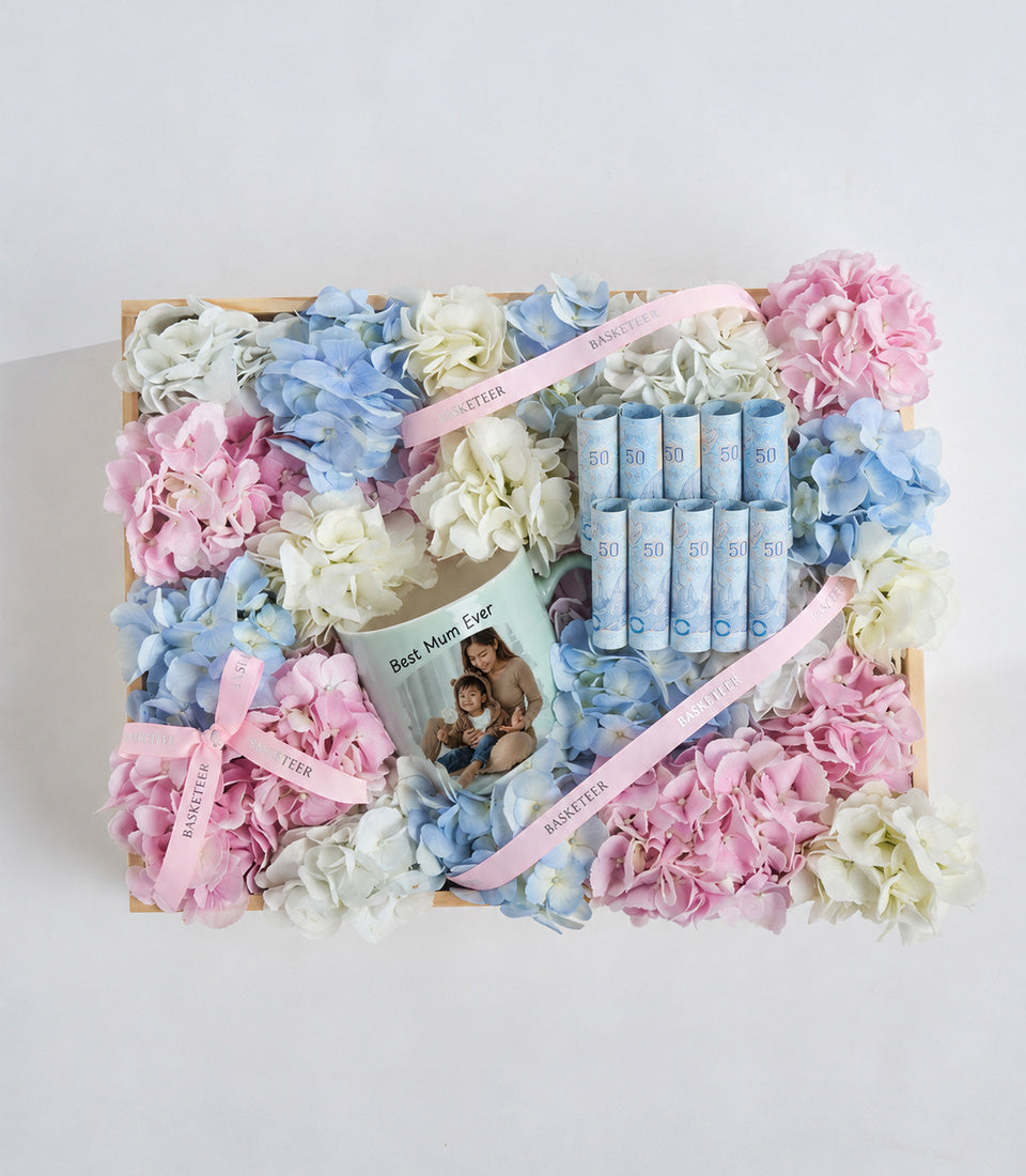 Luxury gift basket with pink, blue, and white hydrangeas surrounding a personalized mug, sunscreen products, and pink ribbons on wooden base.