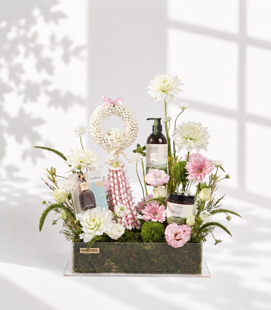 Basketeer luxury spa gift box with jasmine garland, premium lemongrass