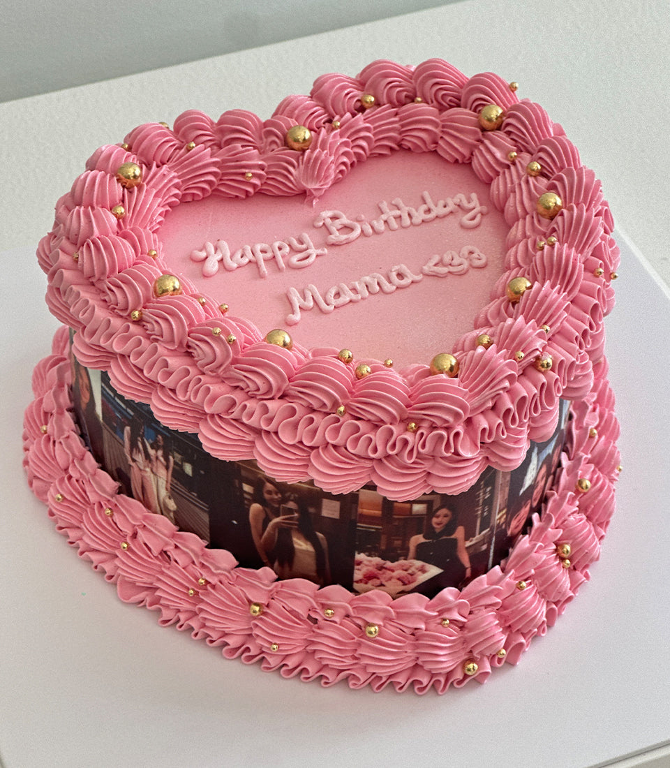 Grand Pink Mondial Rose & Pink Heart Custom Photo Birthday Cake Gift Set
