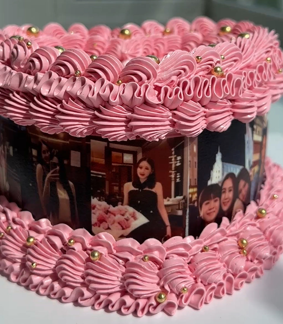 Grand Pink Mondial Rose & Pink Heart Custom Photo Birthday Cake Gift Set