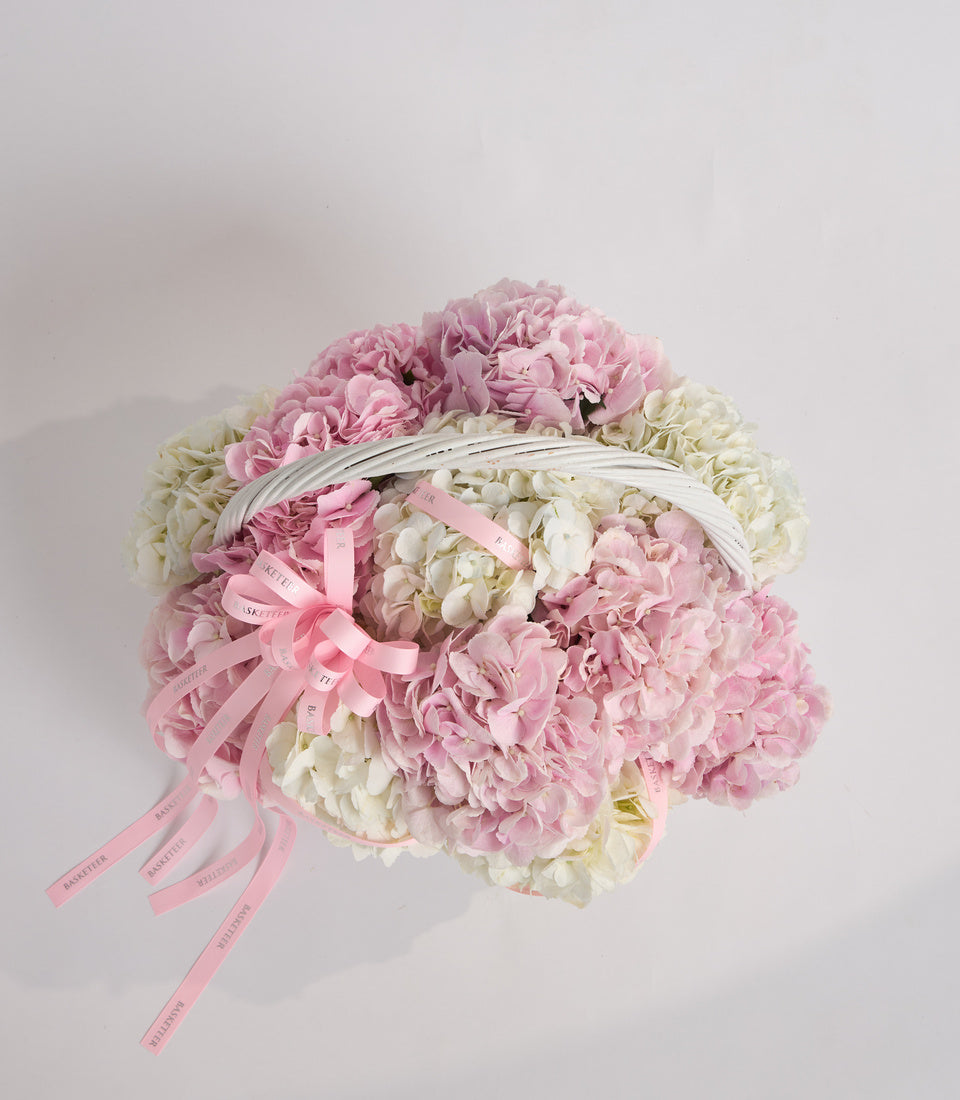 Luxurious bouquet of pink and white hydrangeas with pink and white ribbons on light background, overhead view.