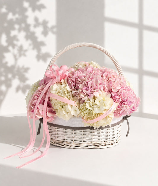 Blush Hydrangea Flower Basket for Mother's Day