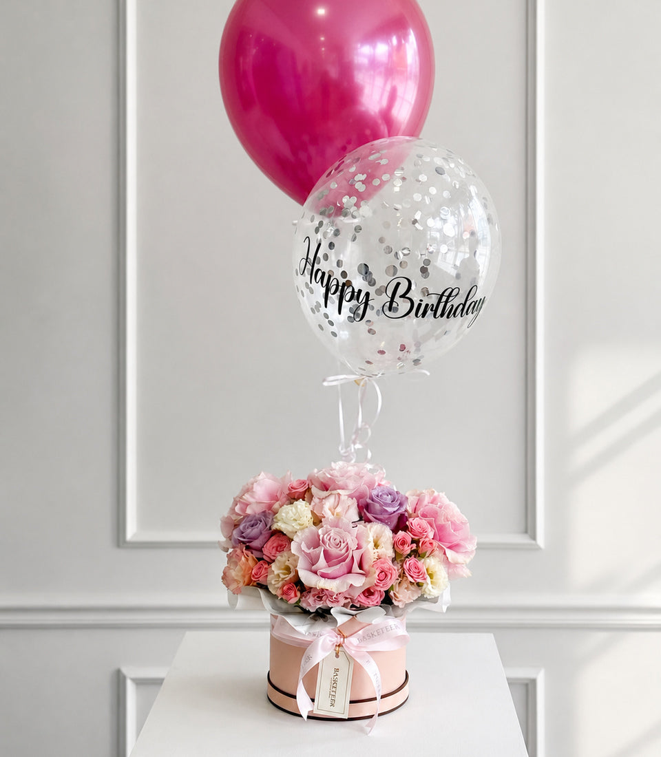 Basketeer luxury birthday gift box with pink and pastel roses, light pink