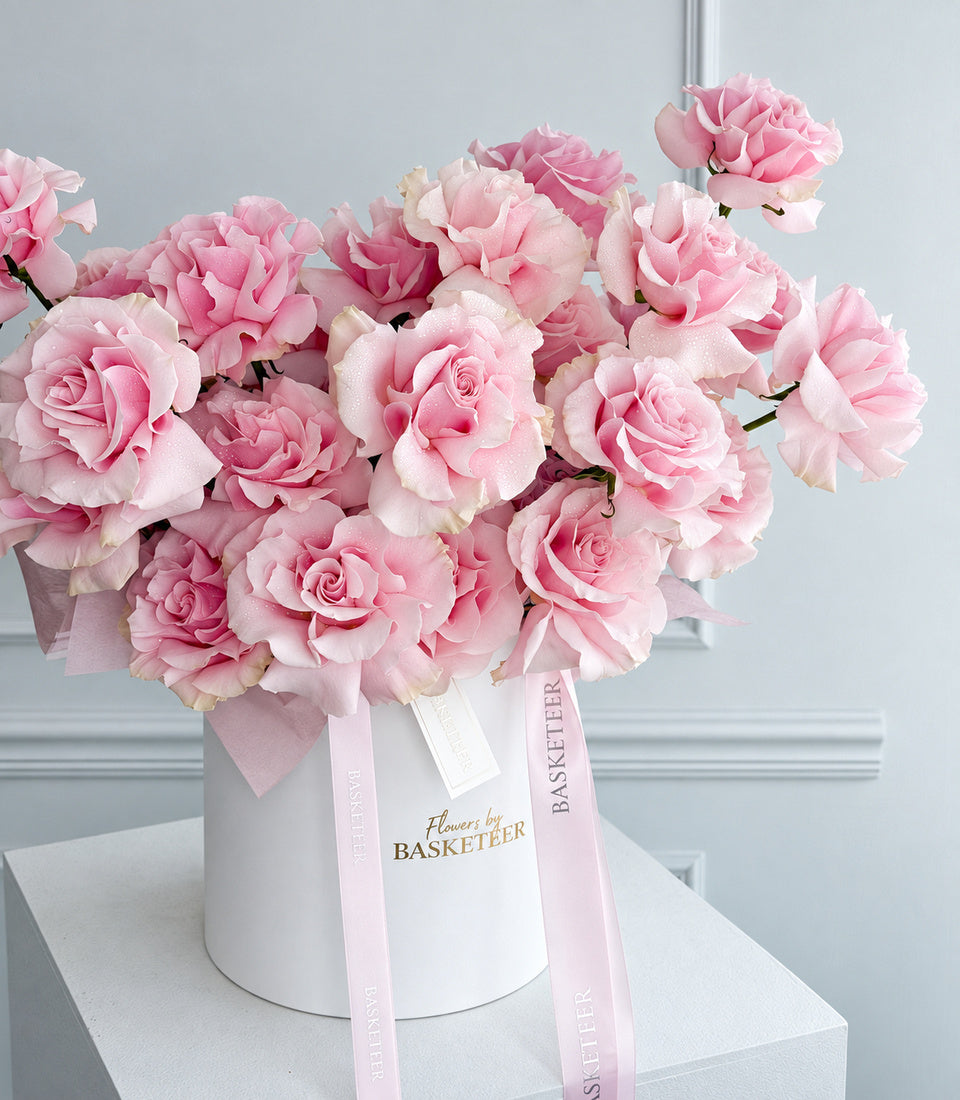 Front angled view of grand pink rose flower box